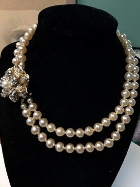 Vintage Japan Pearl & RS Necklace